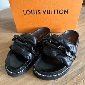 Authentic Louis Vuitton Slides with Chain Detail 38